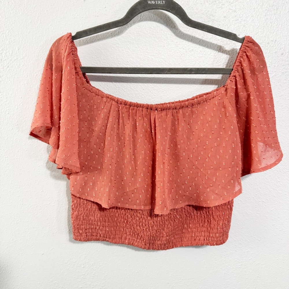 Ichi  Rosina Smocked Flutter Sleeve Crop Blouse off shoulder coral large